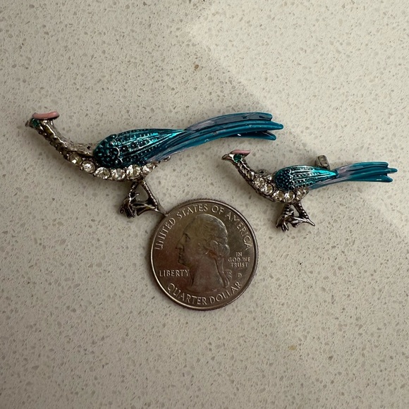 Vintage Pheasant Bird Brooches Pins Set of 2 Silver Tone Enamel Rhinestones - Picture 7 of 7